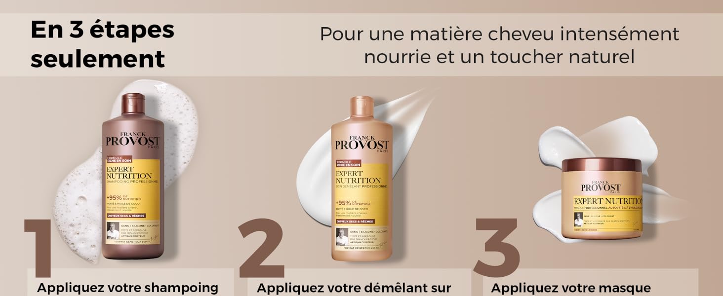 Le texte se lit comme suit : « En 5 étapes seulement'. Série de flacons de produits avec du texte en français, semblant être des instructions de traitement capillaire en étapes séquentielles.