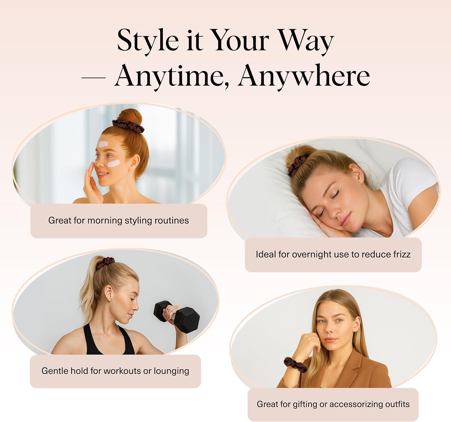 Kitsch - Chouchous satin femme, 5 pièces - élastiques anti-plis, adaptés jour/nuit, tous cheveux