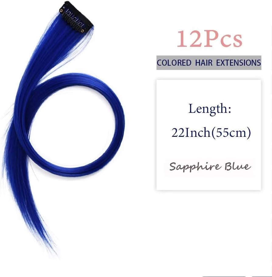 Mèches de cheveux à clipser - 55 cm - lot de 12, bleu saphir, pour enfants