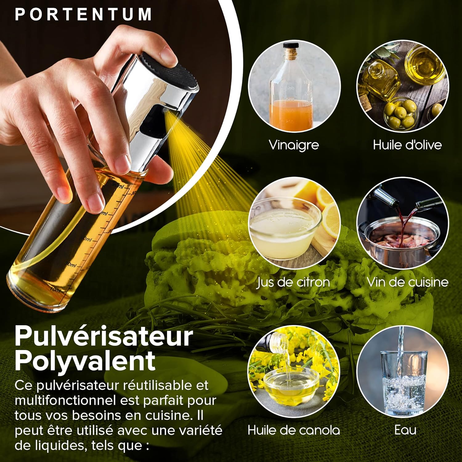 PORTENTUM - Pulvérisateur d'huile Premium 100ml - verre, anti-goutte, accessoire friteuse