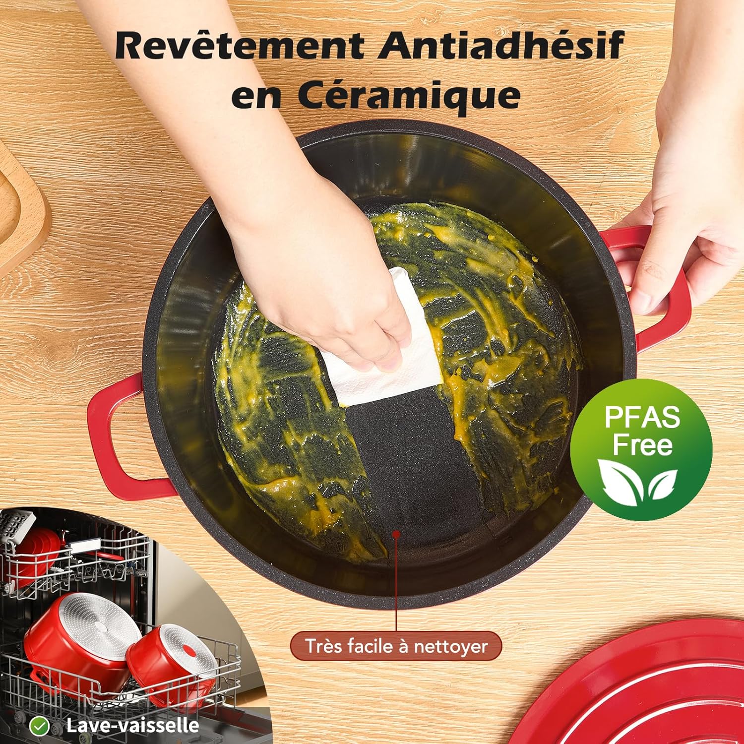 Cocotte fonte induction 28cm, 6,3L, aluminium, céramique, rouge