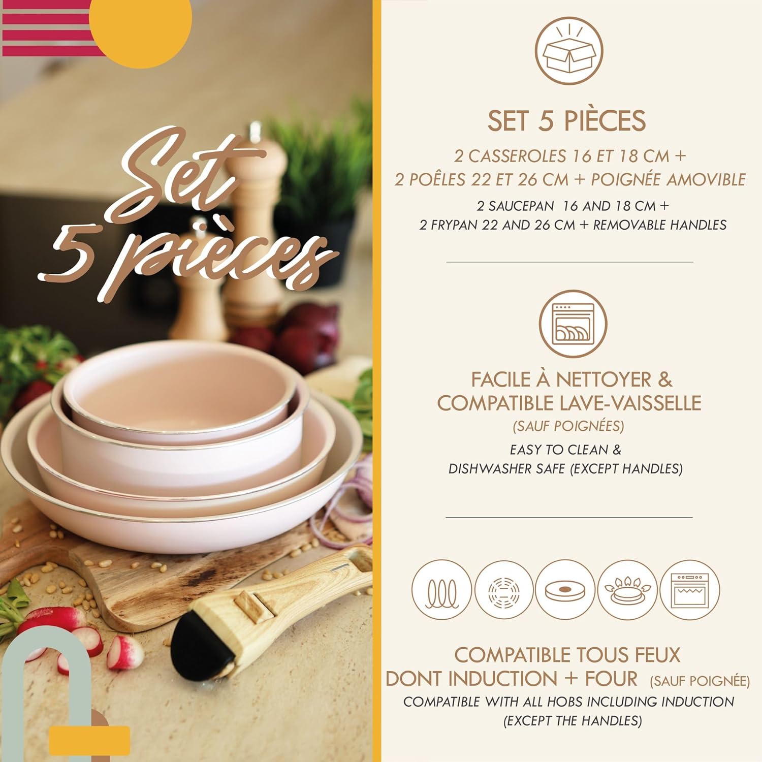 MENASTYL - Colorama batterie cuisine rose - 2 poêles 2 casseroles, céramique induction