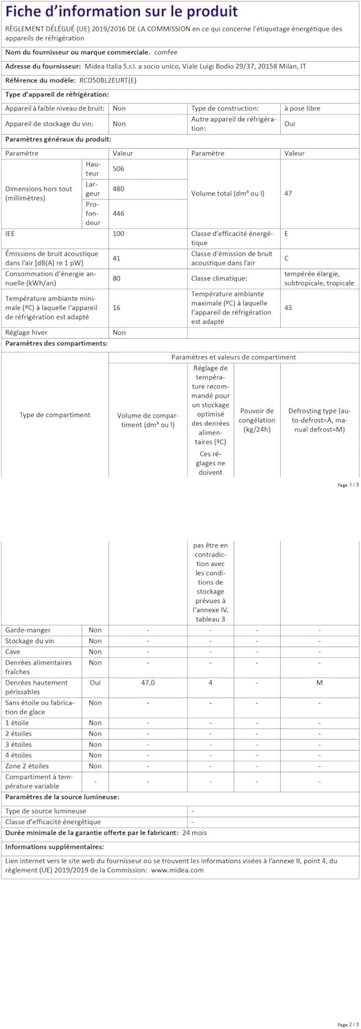 Comfee' - mini réfrigérateur rétro 47L, faible bruit, thermostat réglable, RCD50BL2EURT(E)