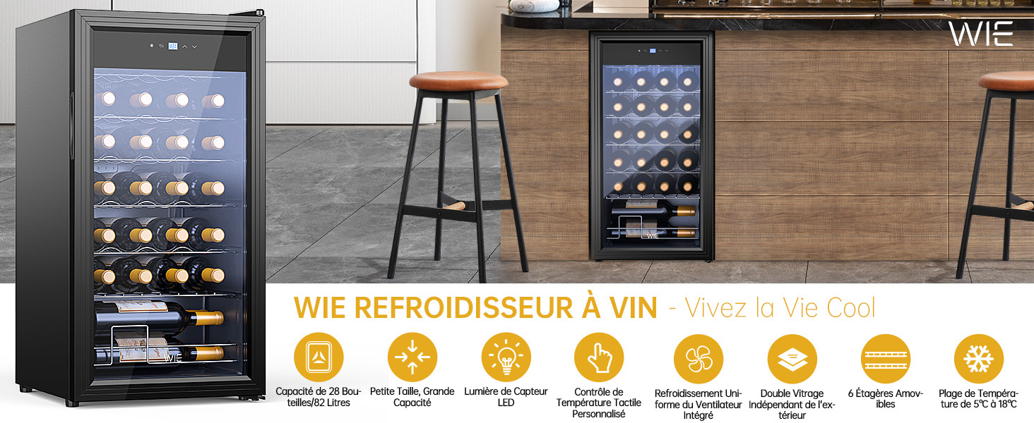 avec affichage numérique et porte vitrée, présentant plusieurs étagères de rangement et une interface de contrôle de la température.