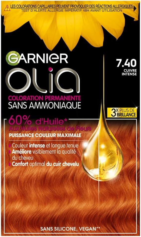 Garnier - Olia Vivids - coloration permanente, sans ammoniaque, huiles naturelles, ton cuivré intense 7.40