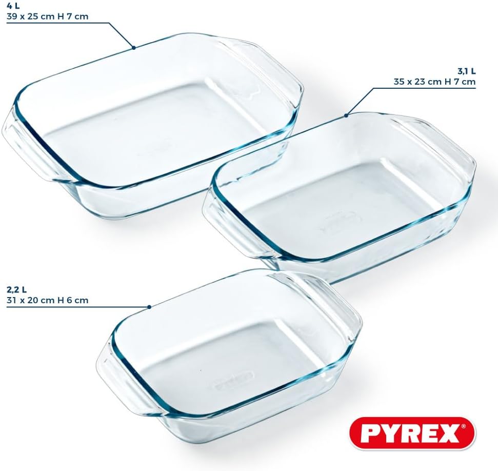 Pyrex - Lot de 3 Plats à Four - Rectangulaire - Larges poignées - Format Familial - Verre Borosilicate - Extrême Résistance - Made in France