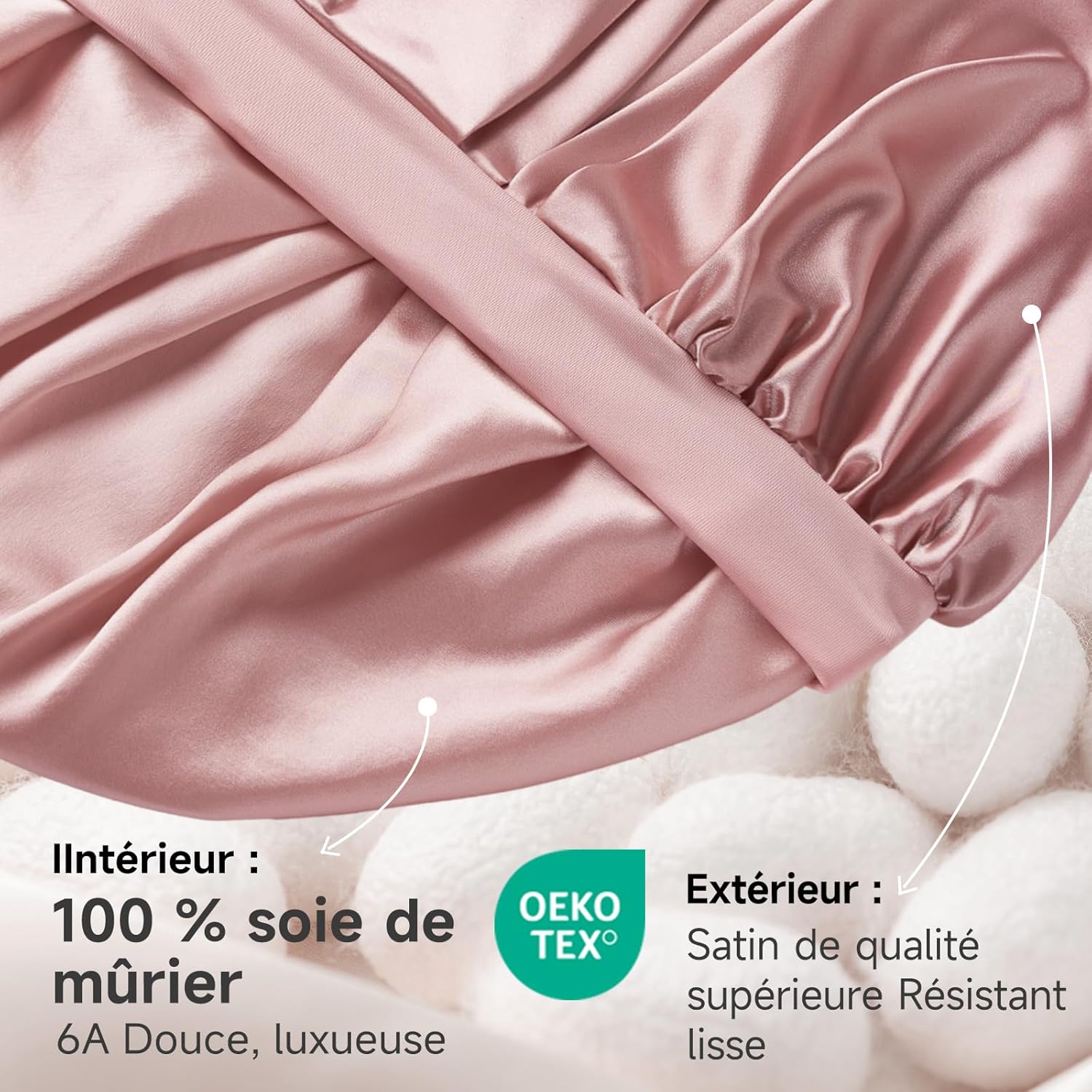 Umisleep - Bonnet nuit double soie 22 Momme, réglable, XL, cheveux longs