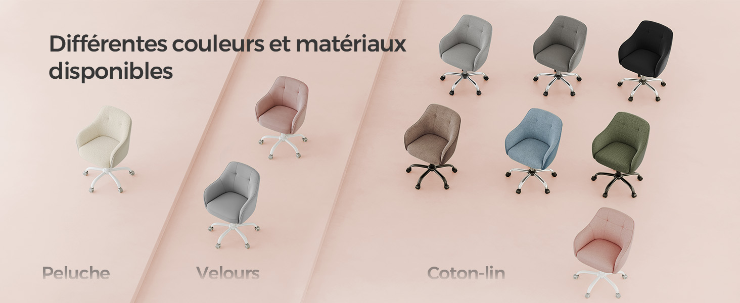 de différentes couleurs et matériaux. Les options incluent des tissus en peluche, en velours et en lin de coton dans des tons pastel et neutres