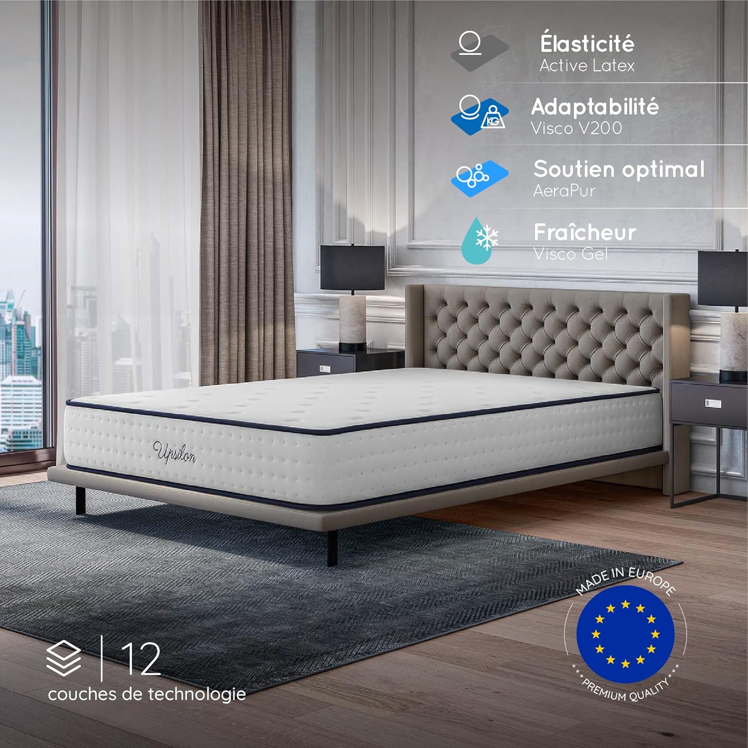 Cosmos - Upsilon - 140x200 cm - mémoire de forme, latex, ferme, 30 cm, 7 zones