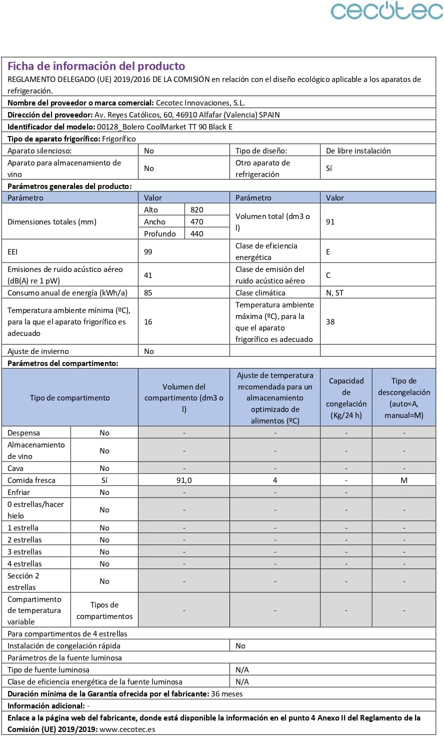 Cecotec - Bolero CoolMarket TT 90 Black - 90L - compact, porte réversible, 5 niveaux température, 5 étagères, Classe E