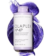 Le texte indique « OLAPLEX No.4P ». Bouteille violette sur fond tourbillonnant violet vif avec effet dynamique d'éclaboussure de liquide.