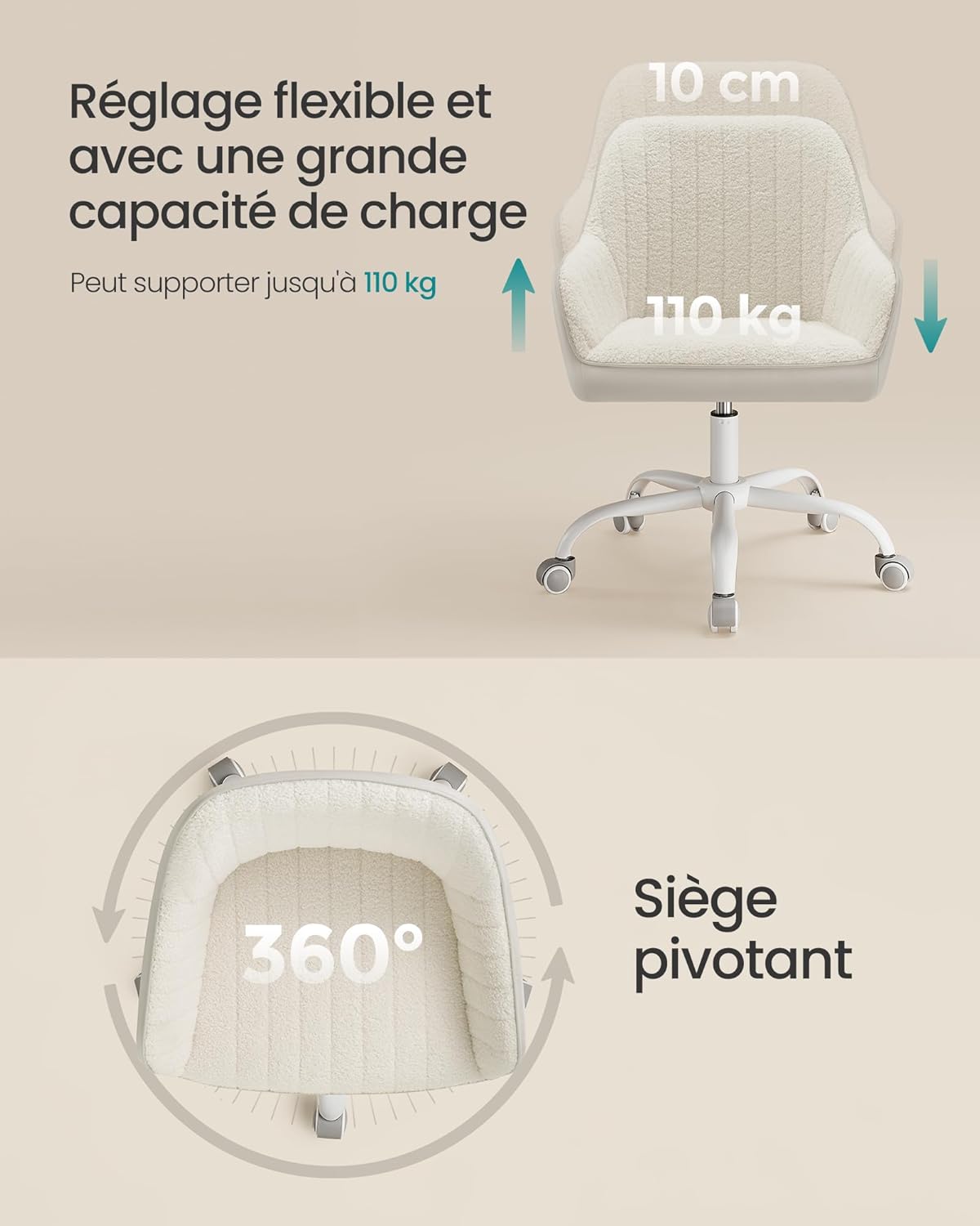SONGMICS - fauteuil pivotant tissu peluche, hauteur réglable, beige cappuccino, OBG012W01