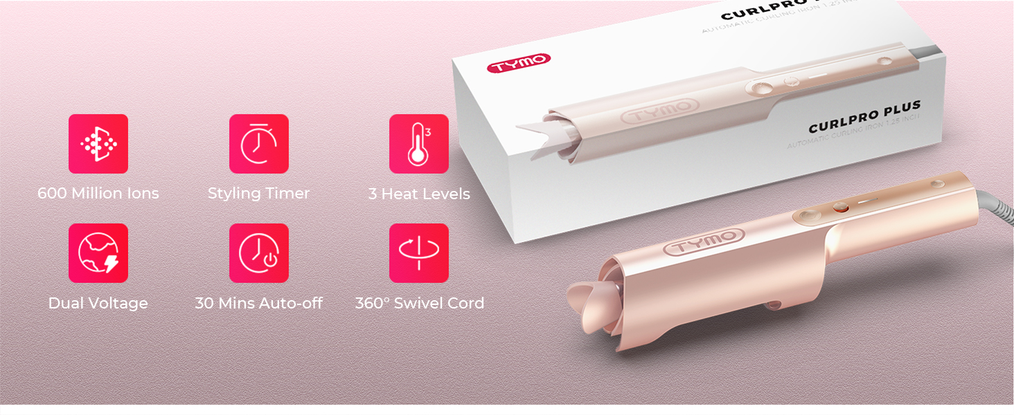 Série de photos de produits montrant un appareil électronique en or rose avec son emballage et ses écrans d'interface sur fond rose.