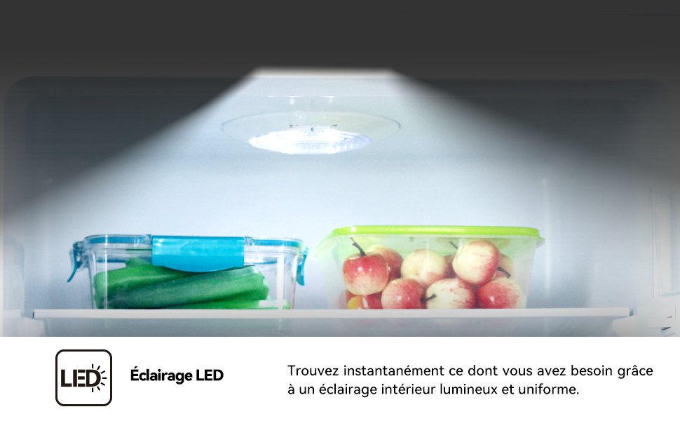 Le texte indique « LED ». Série d'images de produits montrant la fonction d'éclairage LED, avec des états allumé et éteint illustrés.