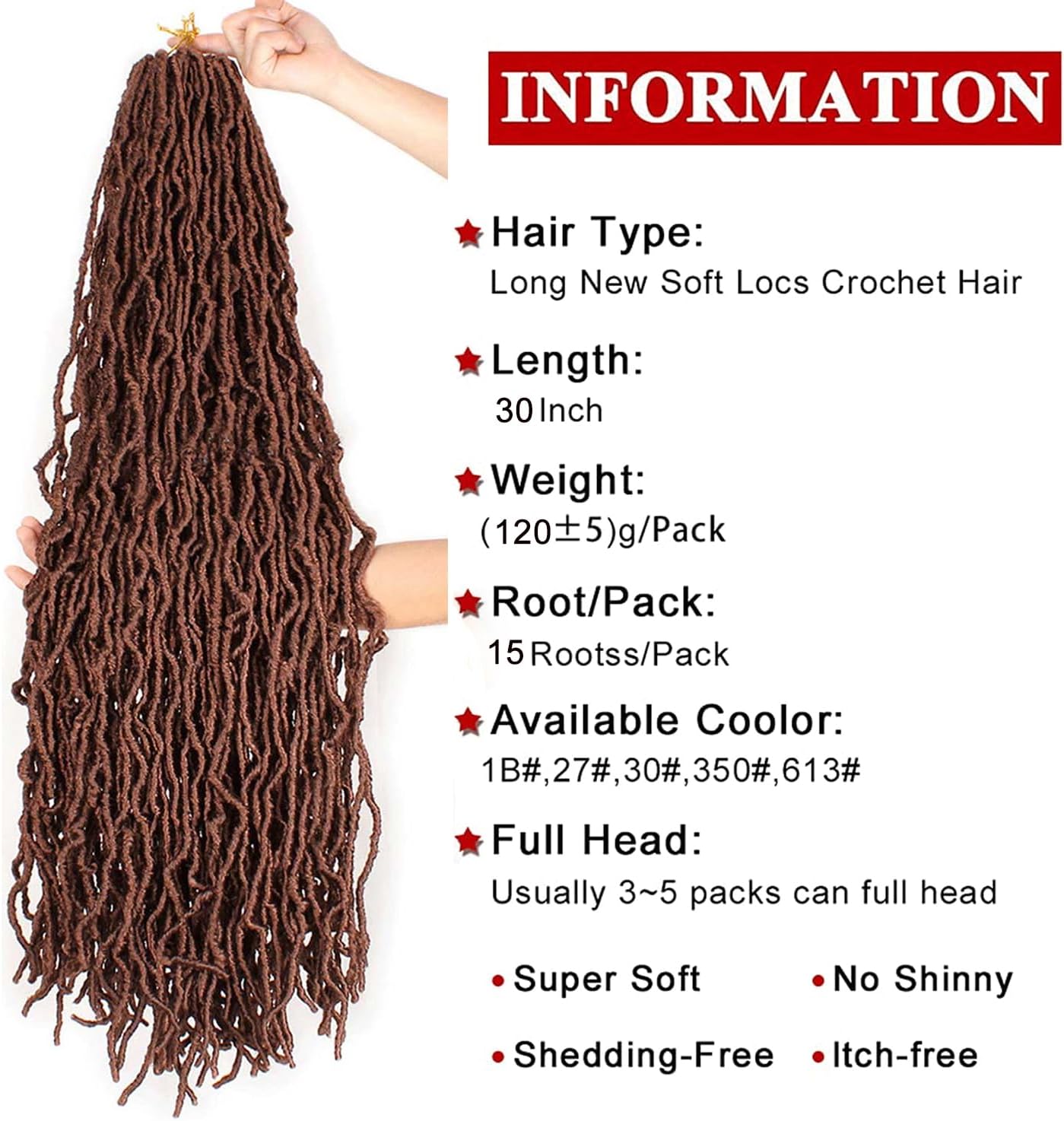 Xtrend - 7 Packs Nu Soft Locs - 30 pouces - cheveux ondulés marron, 12 brins, extension douce, 30#