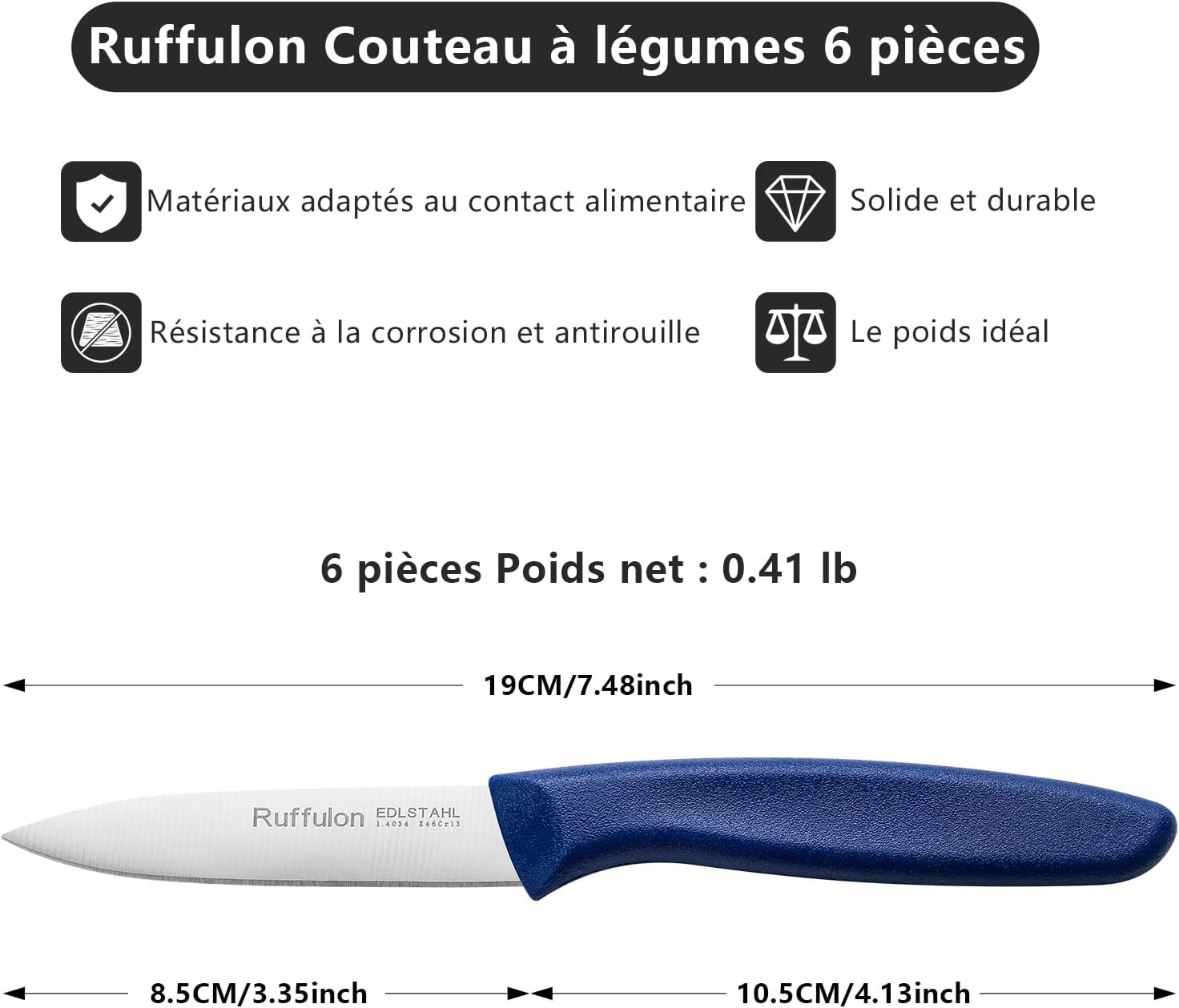 Ensemble de couteaux de cuisine - inox - 6 pièces - manches ergonomiques colorés