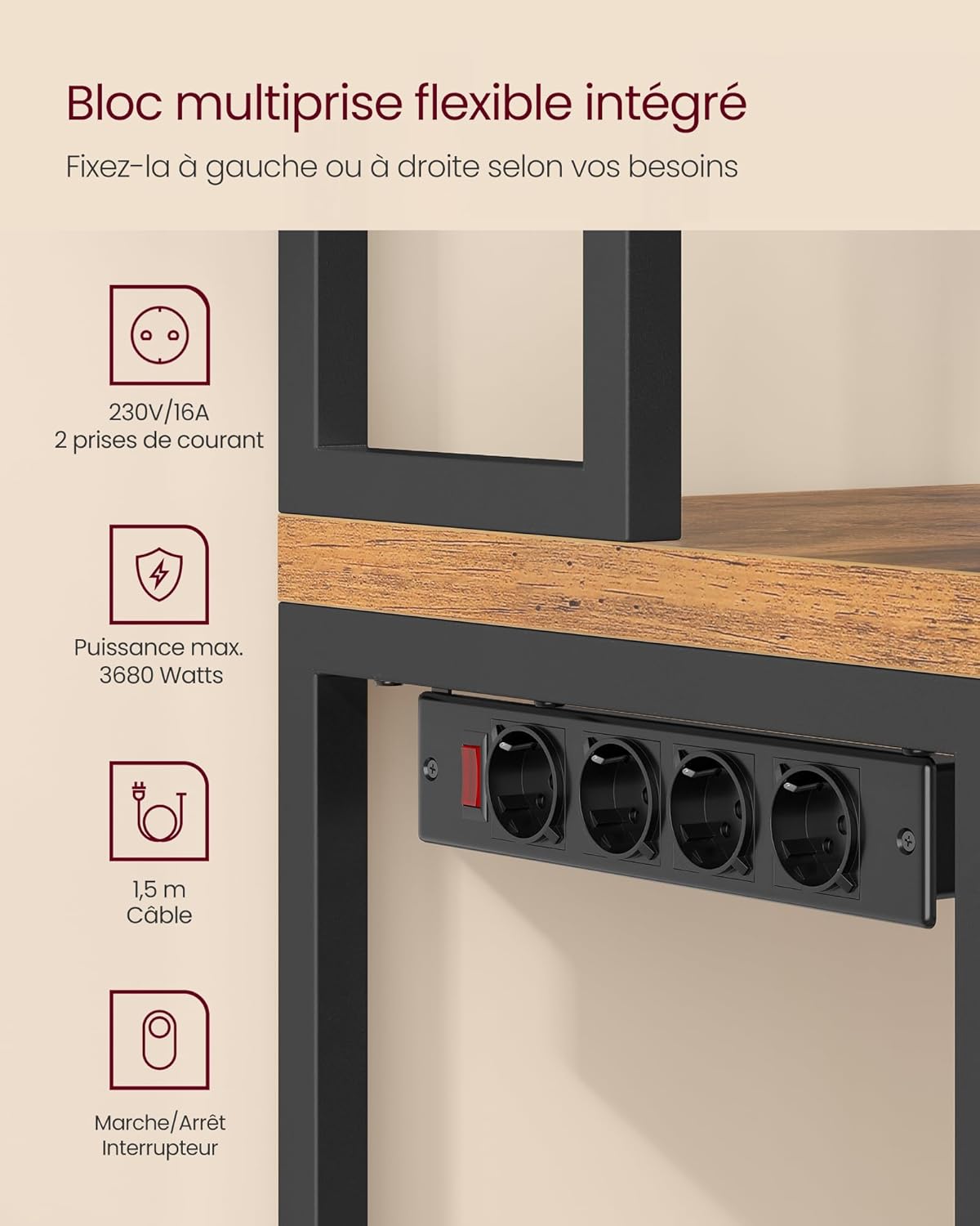 VASAGLE - étagère cuisine série KKS - 40x80x170 cm - plan de travail, multiprise, 8 crochets - KKS059KD02