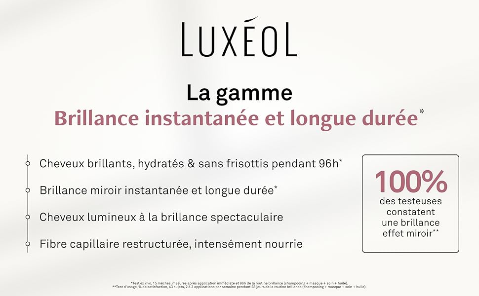 Le texte indique « LUXÉOL » et « La gamme Brillance instantanée et longue durée ». L'emballage du produit semble être destiné à un produit de soin des cheveux ou de beauté avec des éléments de design blancs et argentés.