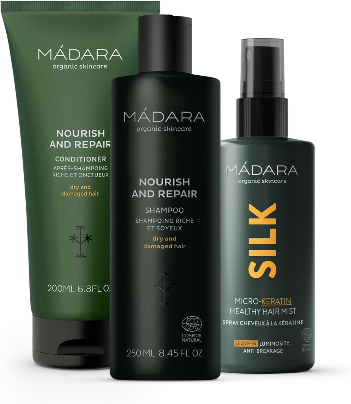MÁDARA - Hair Repair Kit - 250ml/200ml/90ml - Shampooing, après-shampooing, spray micro-kératine, vegan