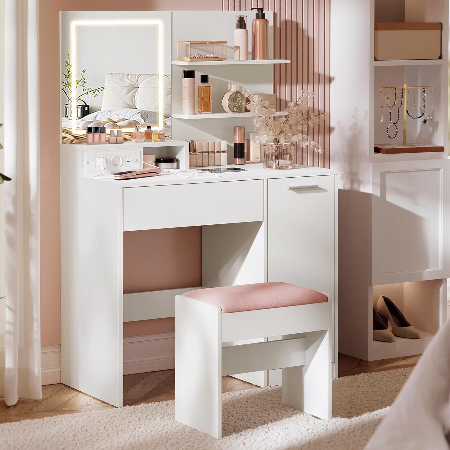 VASAGLE - Kailyn Collection - coiffeuse moderne LED, multiprise, 2 étagères, 1 tiroir, tabouret - RDT738W01