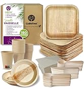 Vaisselle jetable en feuille de palmier 180 pièces pour 25 personnes. Assiettes en feuille de pal...