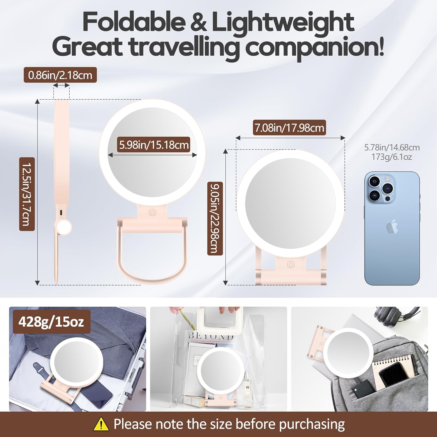 Miroir de maquillage pliable, grossissant 1X/30X, lumineux, 2000mAh