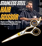 en acier inoxydable avec manche doré. L'image du produit présente des lames tranchantes et un design ergonomique pour un style professionnel