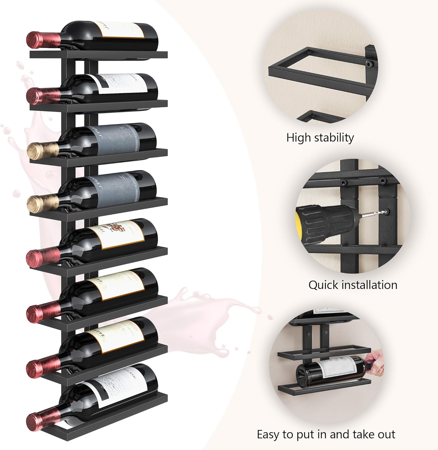 FAVOOSTY - étagères murales 8 niveaux - métal noir, lot de 2, rangement bouteilles