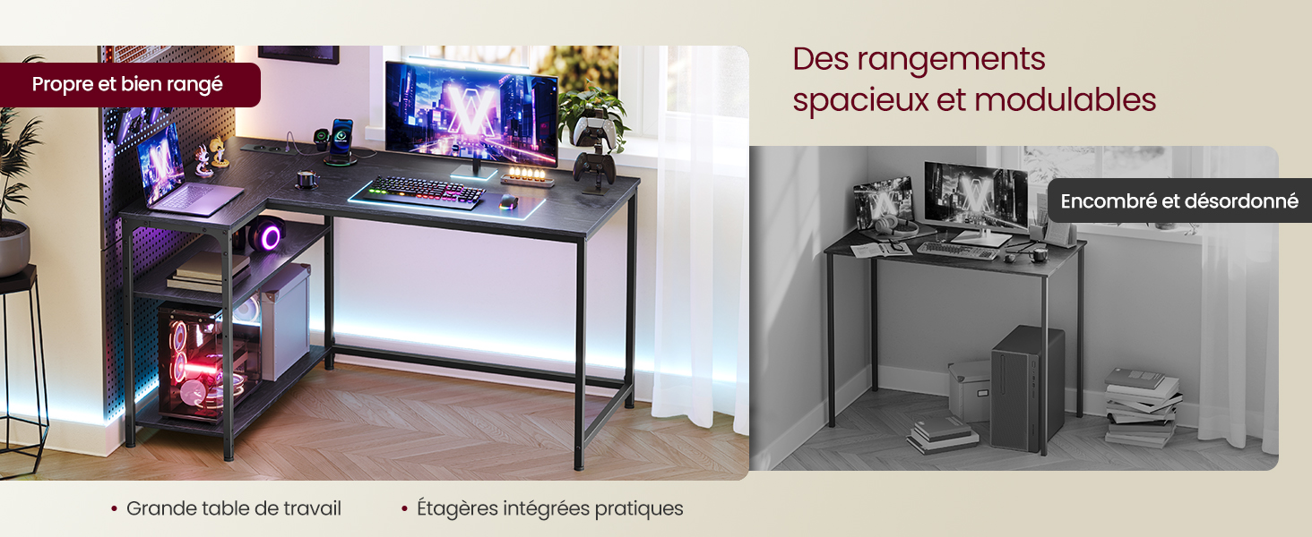 Le texte se lit comme suit : « Des rangements spacieux et modulables ». Vues multiples du système de rangement ou d'organisation modulaire à la maison/au bureau.