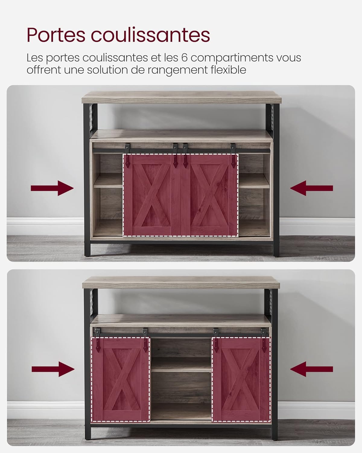 VASAGLE - buffet rangement cuisine - 100x33x80 cm - 2 portes coulissantes, étagères réglables, grège/noir - LSC092B02