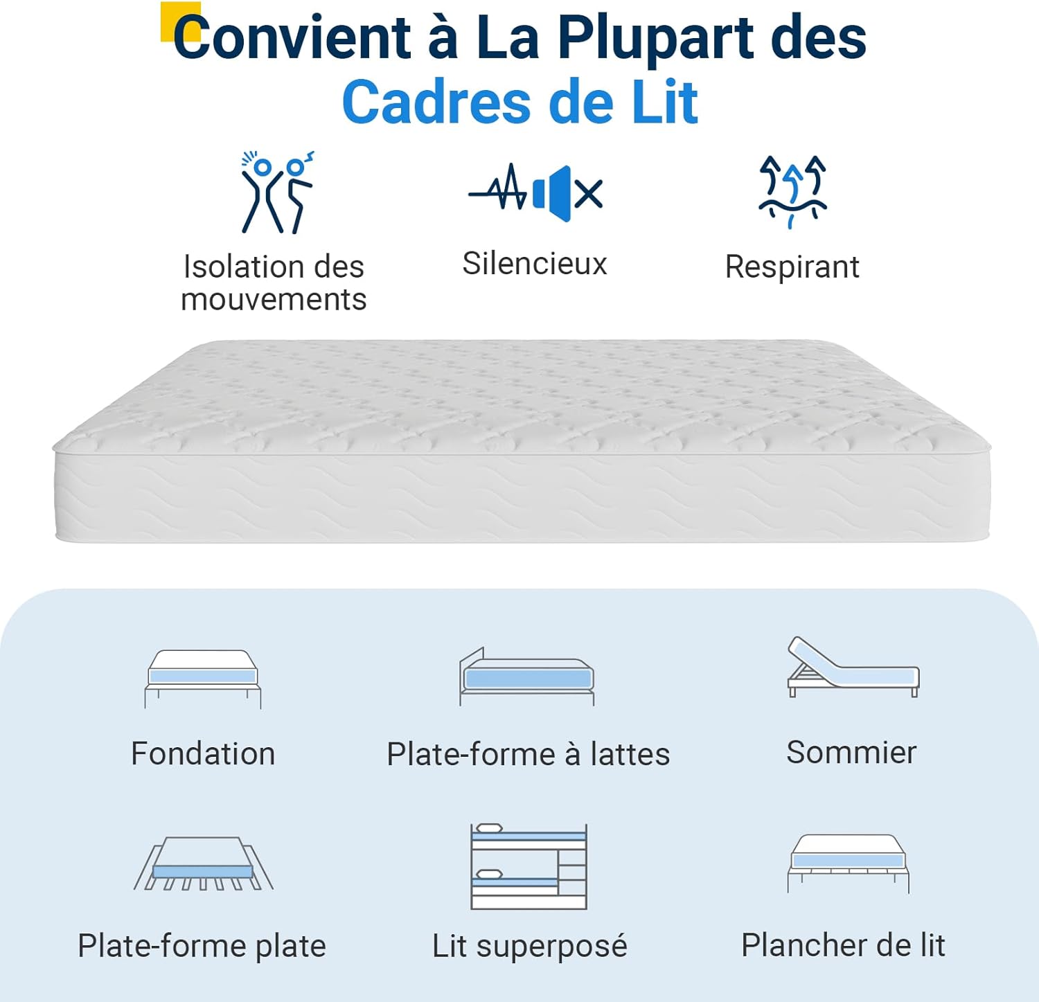 Avenco - Matelas Double - 140x200 cm - Ressorts ensachés, mousse certifiée, soutien lombaire