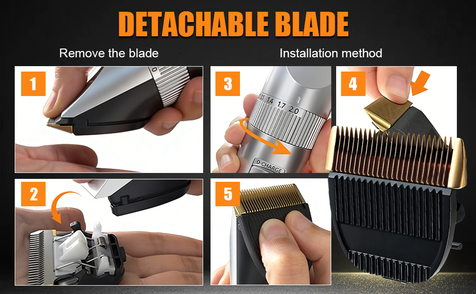 Le texte indique « LAME AMOVIBLE ». Série d'images didactiques montrant les étapes à suivre pour retirer et nettoyer la lame d'un outil de toilettage, étapes numérotées de 1 à 4.