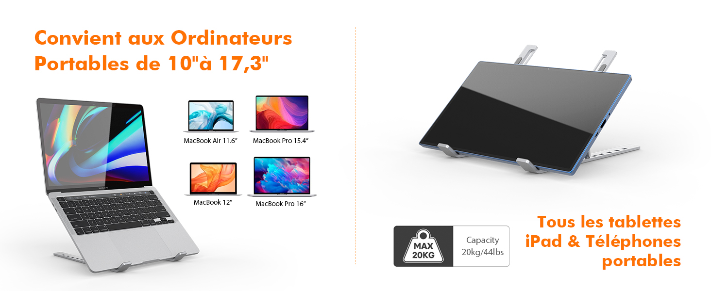 Le texte indique « Confient aux Ordinateurs portables » et « Portables de 10 à 17,3 ». Plusieurs accessoires pour ordinateurs portables et tablettes sont présentés sur une bannière de produit.