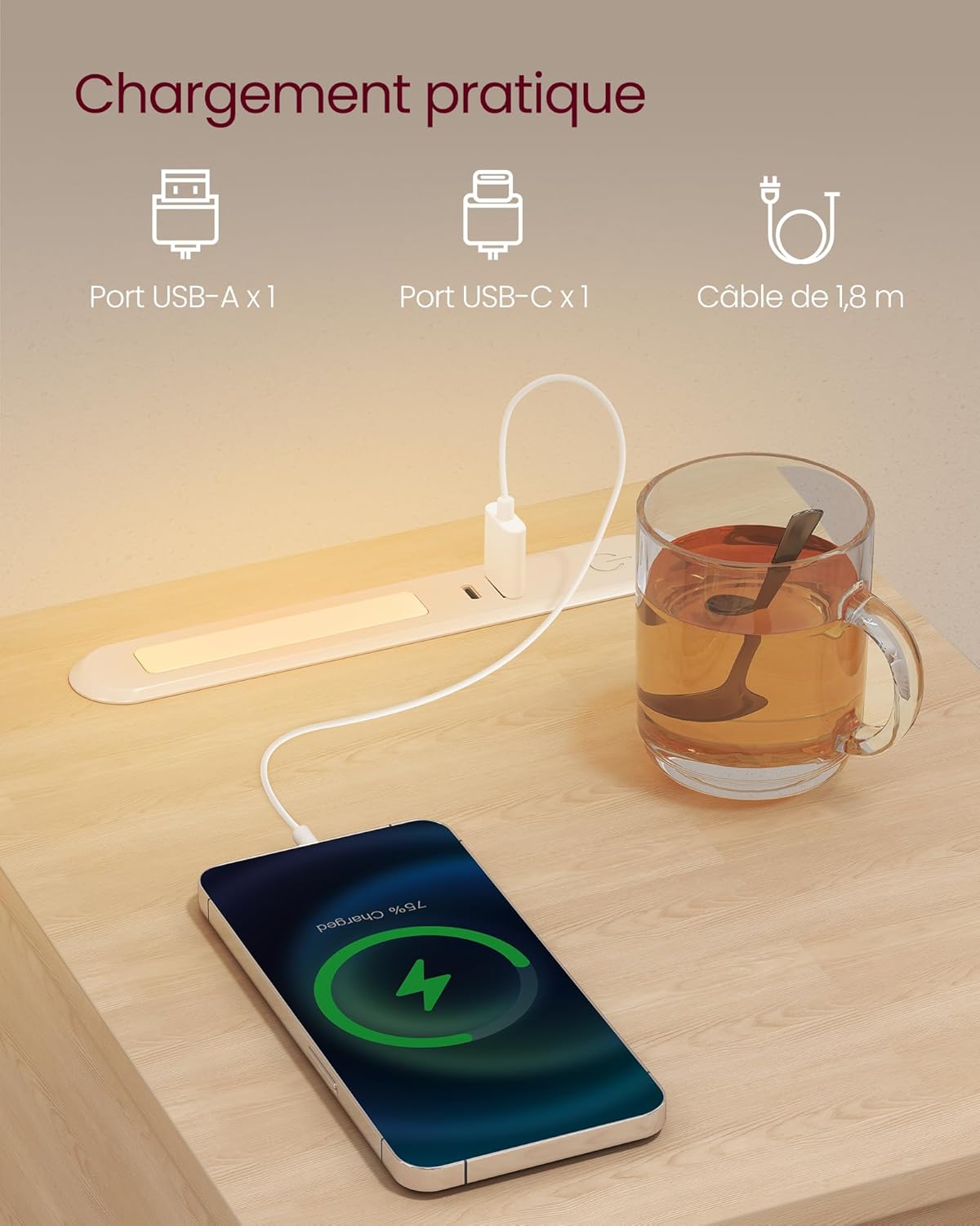 VASAGLE - Lot de 2 tables de chevet LED, tiroirs, ports USB, 40x35x66 cm - LET710Y01