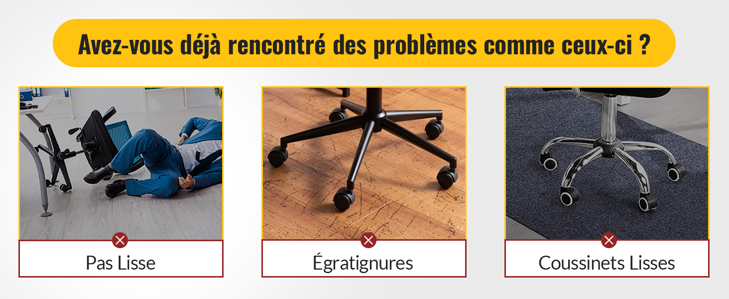 Illustration à trois panneaux montrant des problèmes de roues de chaise de bureau : glissement sur des surfaces lisses, sol rayé et roulettes usées
