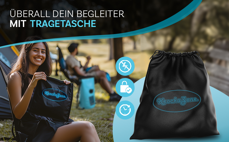 Image promotionnelle pour un sac portable. Le texte allemand indique qu'il s'agit d'un compagnon avec étui de transport. Les icônes suggèrent une utilisation en extérieur. Sac à cordon noir illustré