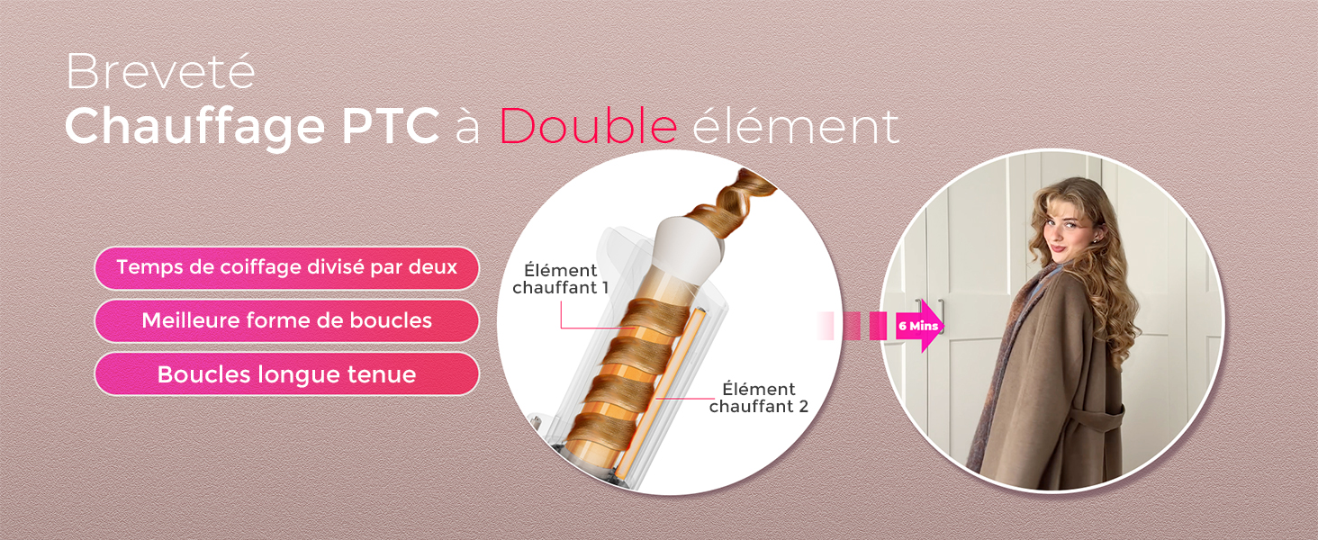 Le texte indique « Chauffage PTC à Double élément ». Infographie présentant les instructions d'utilisation des appareils de chauffage avec des flèches et plusieurs panneaux de démonstration.