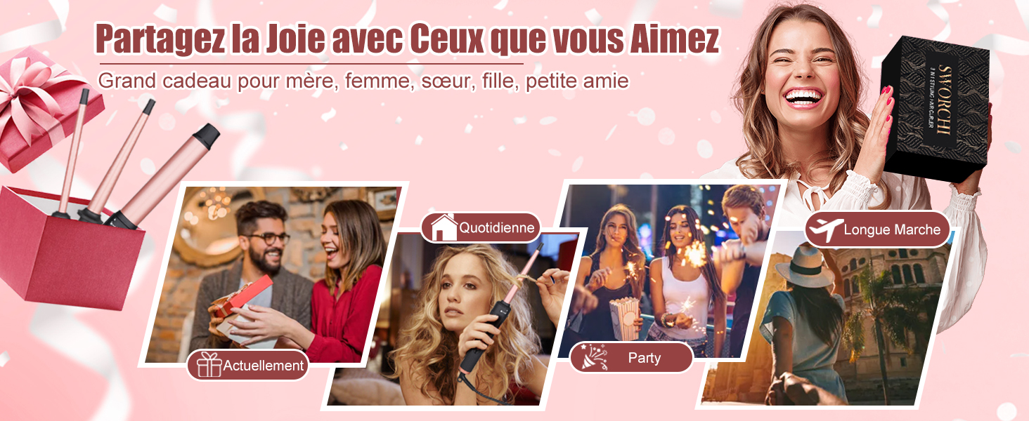 Collage d'idées cadeaux et d'images festives, y compris des pinceaux de maquillage, un flacon de parfum et des groupes de personnes. Fond rose avec texte français sur le partage de la joie.