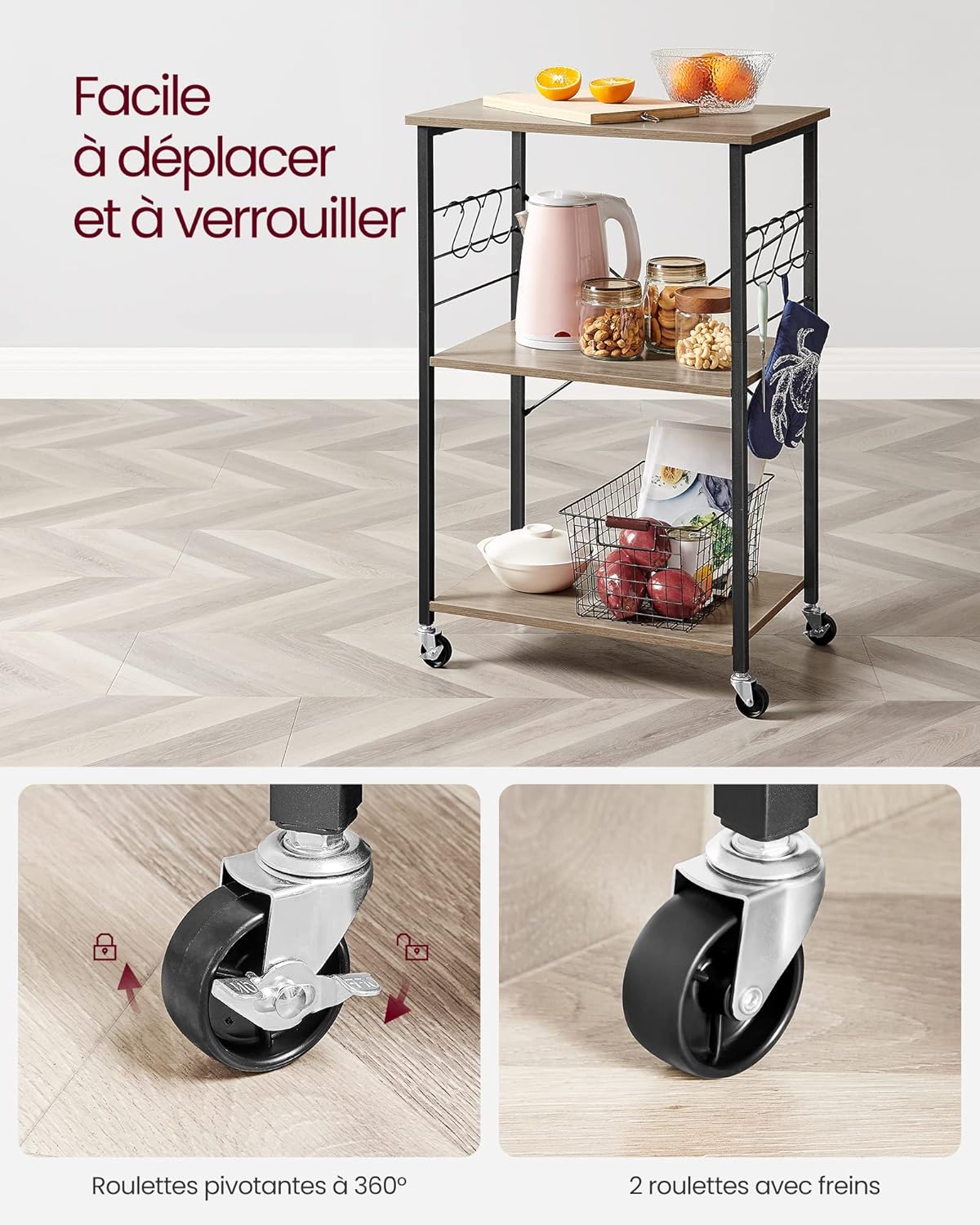 VASAGLE - étagère cuisine 3 niveaux, roulettes, 40x60x89cm, 6 crochets KKS060B02