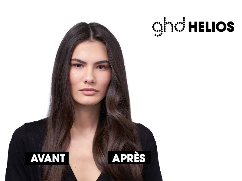 Le texte indique « ghd HELIOS » et « AVANT APRES ». Image divisée montrant une comparaison de coiffure, avec de longs cheveux noirs coiffés différemment de chaque côté.