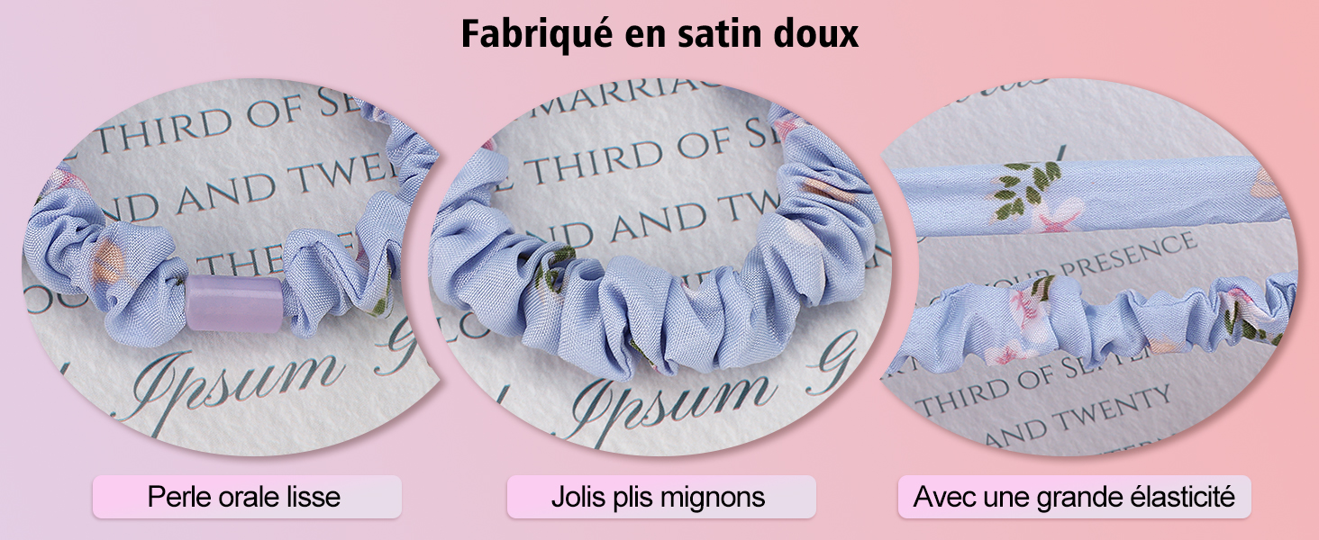 Trois images circulaires représentant un tissu satiné bleu clair avec des bords élastiques froncés, démontrant une finition lisse, des plis plissés et des propriétés extensibles