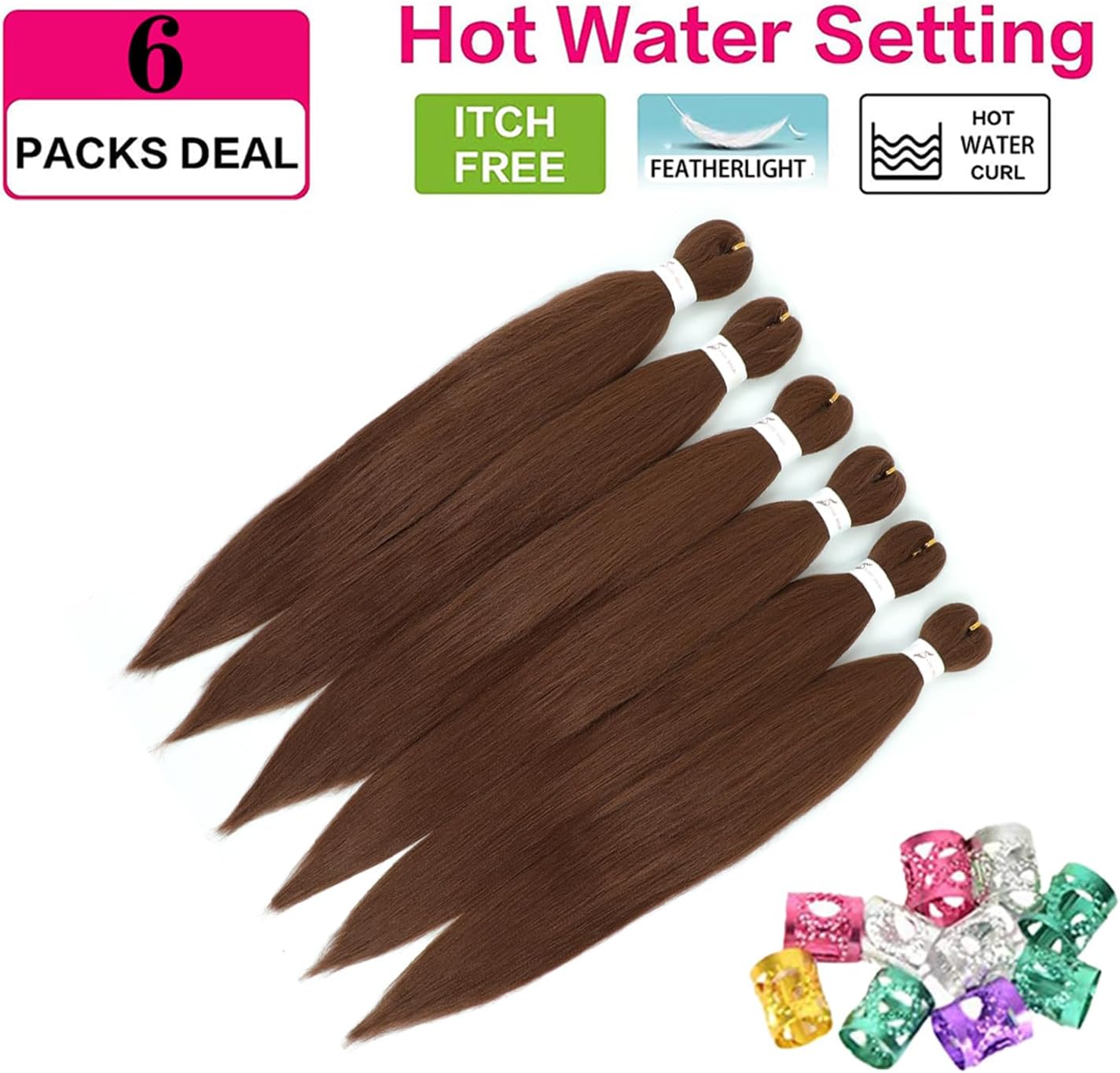 Extensions cheveux courts - 16 pouces - Kanekalon brun, 6 paquets, tressage facile