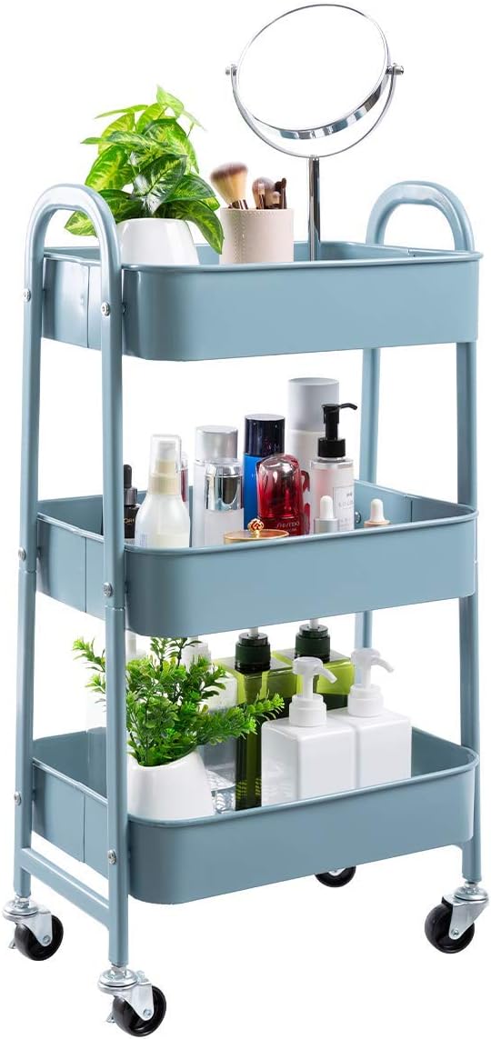 DOEWORKS - chariot métal 3 niveaux gris-bleu, roulettes, rangement mobile