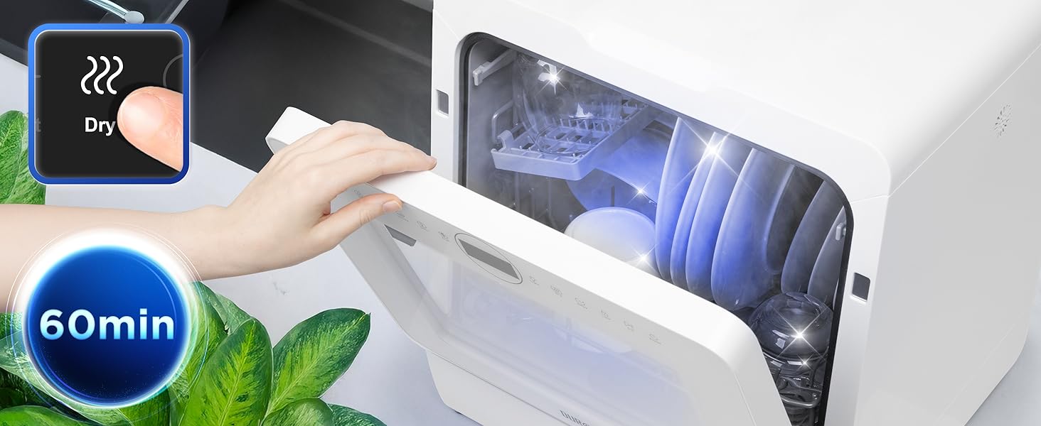 Une main ouvre un lave-vaisselle avec une lumière bleue.