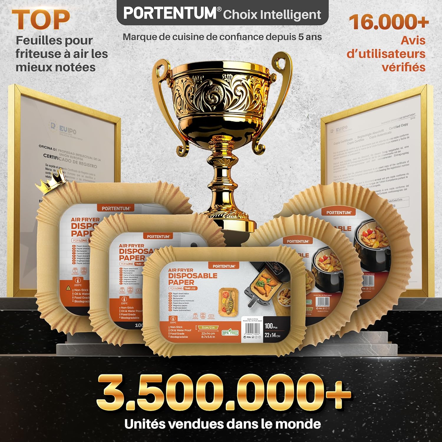 PORTENTUM - Papier cuisson air fryer - 20×24 cm, 100 pièces, BPA free, pour friteuse 5–8L
