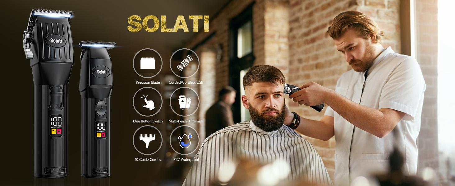 avec écran LCD. Le coiffeur coupe les cheveux du client. Icônes illustrant les caractéristiques de la tondeuse