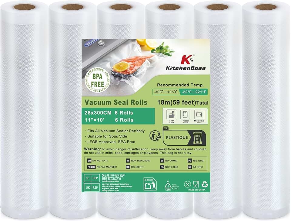 KitchenBoss - rouleaux sous vide série alimentaire - 28x300cm - lot de 6, compatibles cuisson