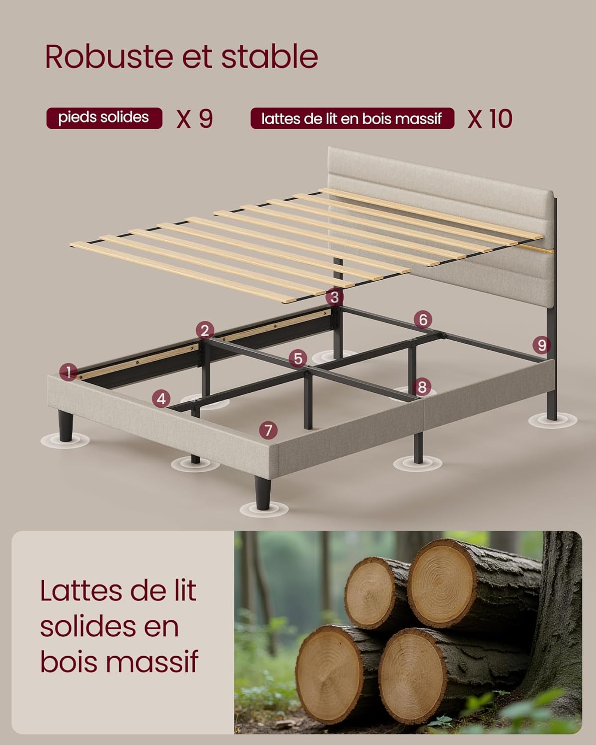 VASAGLE - lit double moderne - 140x190 cm - tête de lit rembourrée réglable, métal et bois massif - RMB503W01