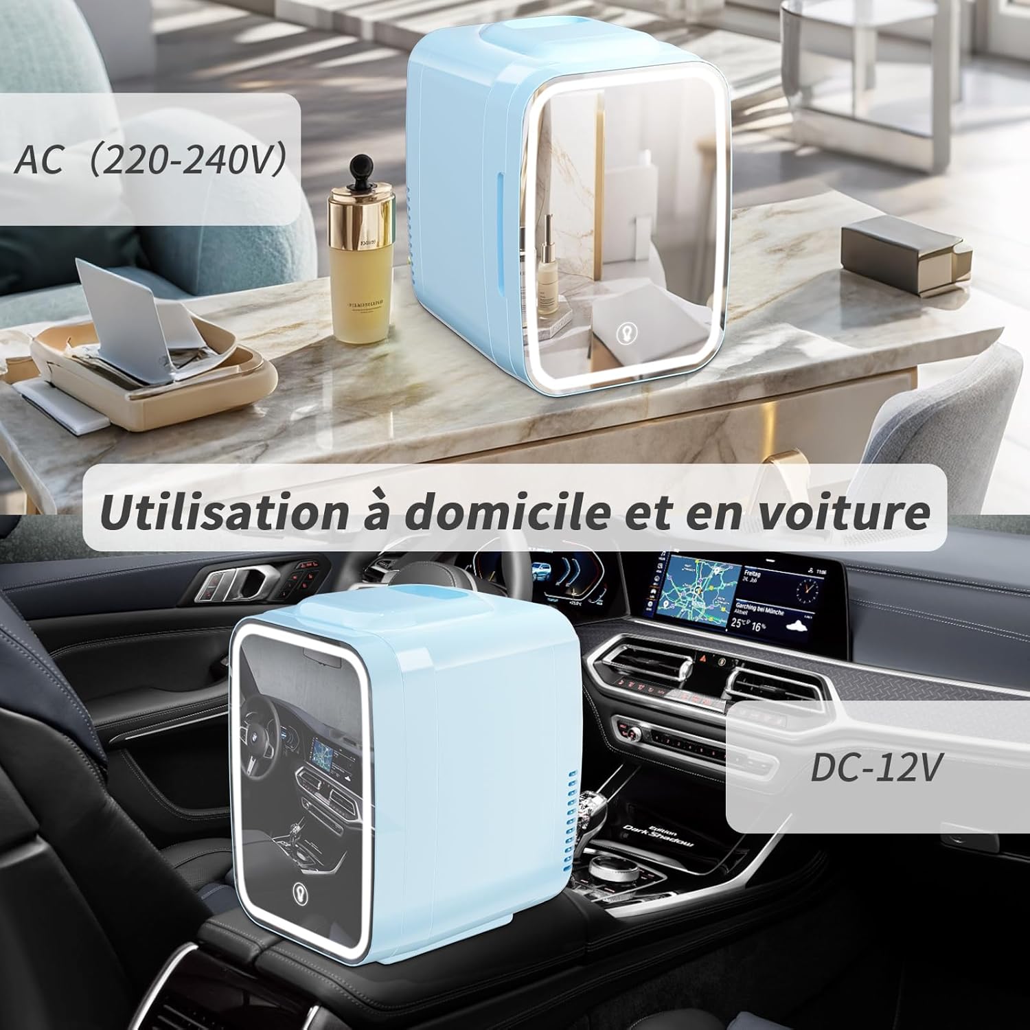 YASHE - Mini Frigo 4L - miroir LED, portable, chauffe et refroidit