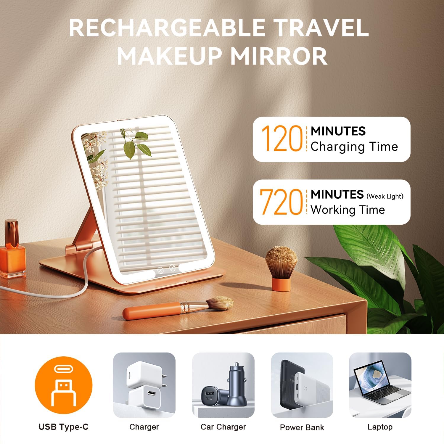 Auxmir - miroir maquillage HD, 72 LED, USB, tactile, or rose